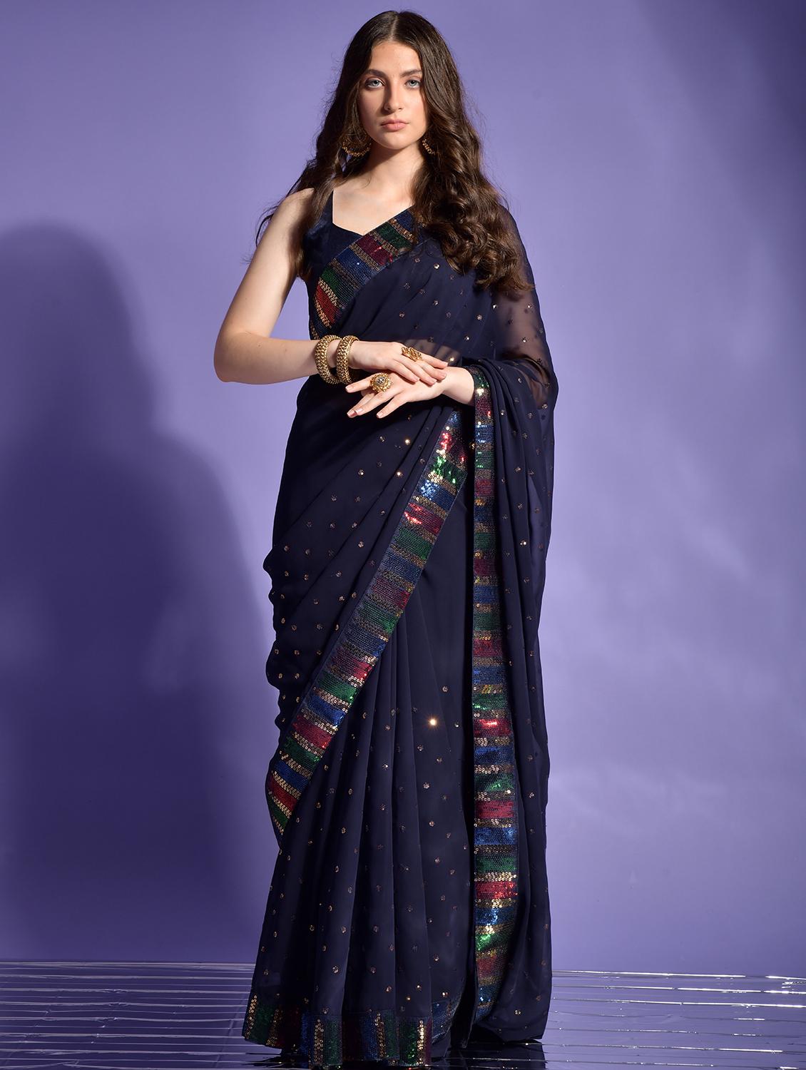 navy blue solid with work saree with blouse - 20484459 - Zoom Image - 0