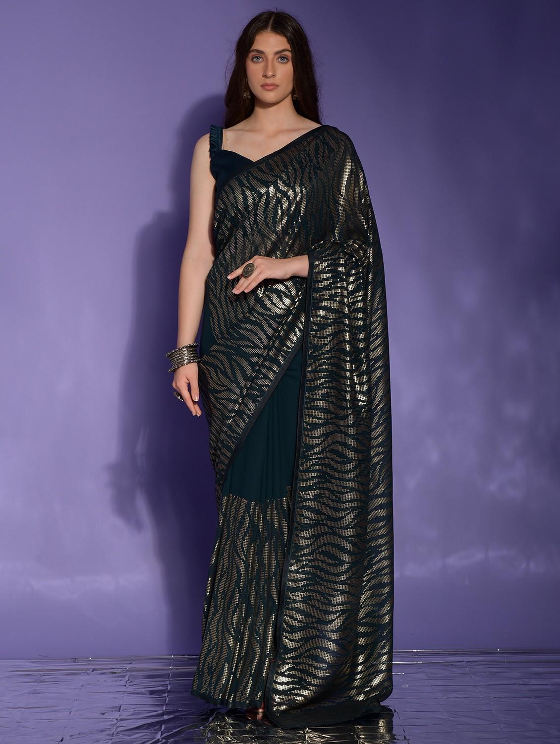 bottle green solid with work saree with blouse - 20484460 - Zoom Image - 0
