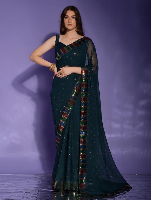 teal blue sequined saree - 20484466 - Standard Image - 0