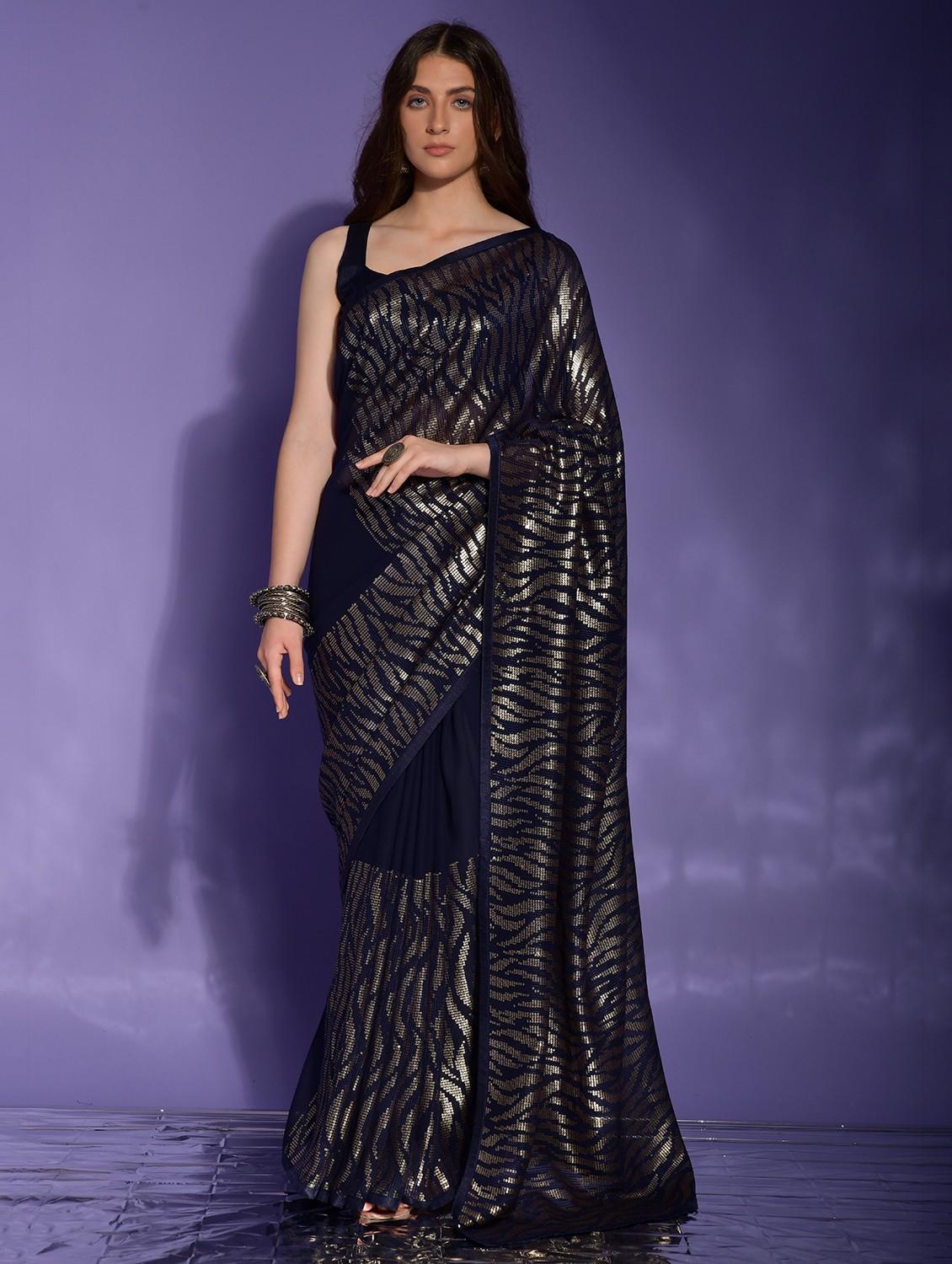 navy blue solid with work saree with blouse - 20484467 -  Zoom Image - 0