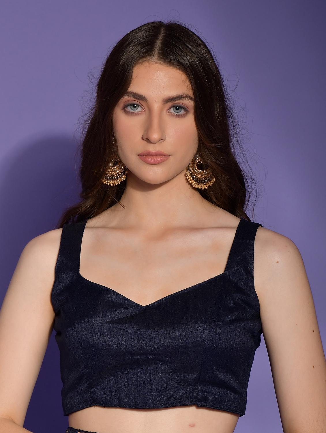 navy blue solid with work saree with blouse - 20484467 - Standard Image - 3