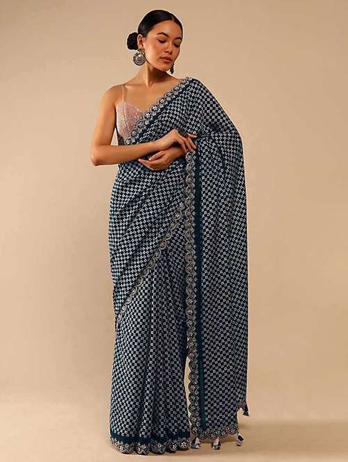 teal embroidered & sequins work saree with blouse - 20484468 - Standard Image - 0