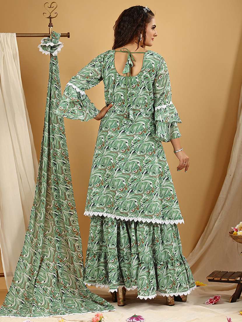Women Green Kurta Sharara Set With Dupatta