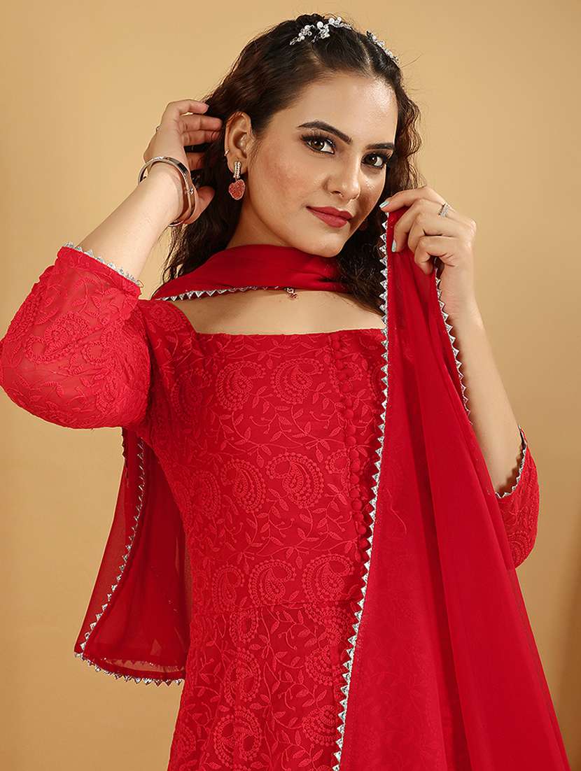 red kurta churidaar set with dupatta - 20484602 -  Standard Image - 3