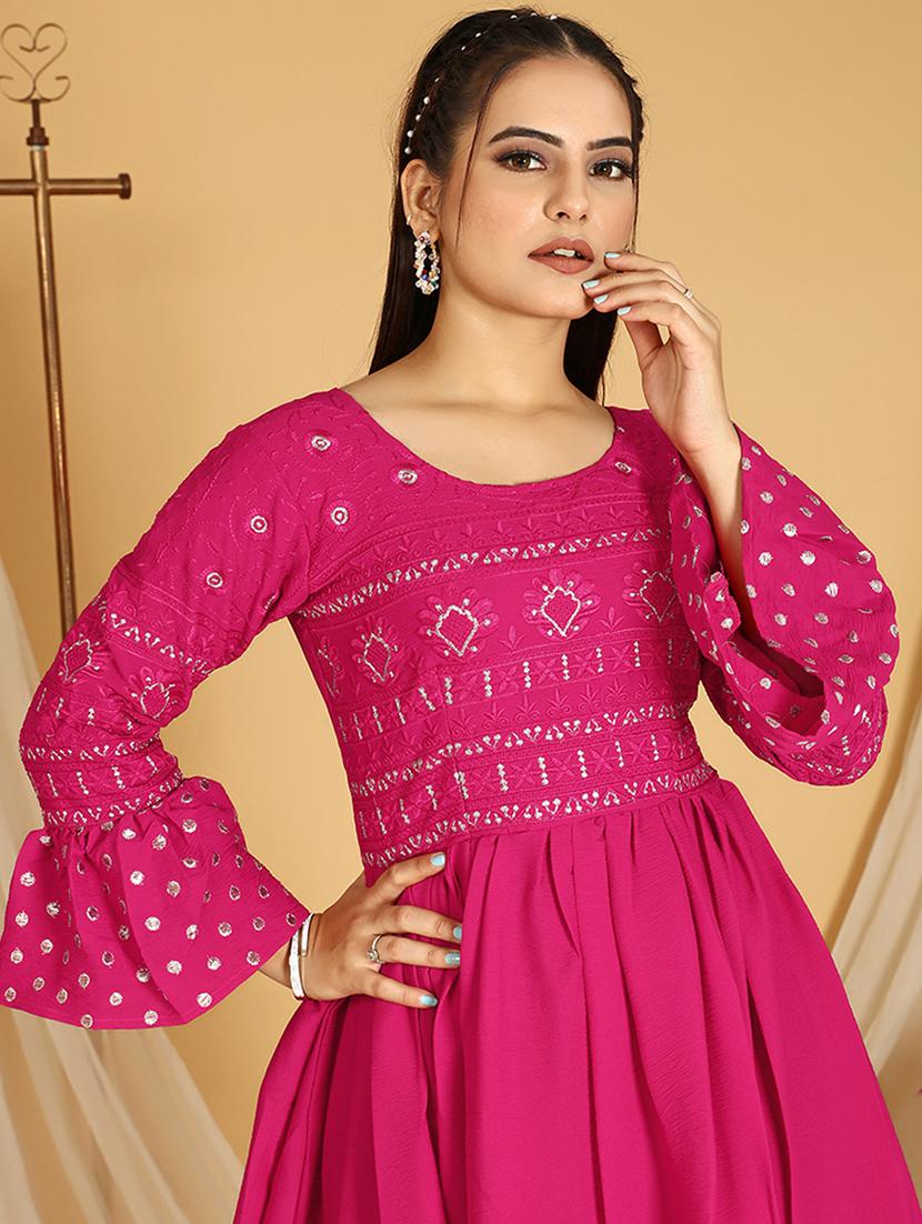 women bell sleeved embroidered fit & flare gown - 20484633 - Standard Image - 3
