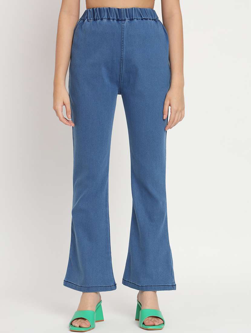 women solid blue denim jeggings