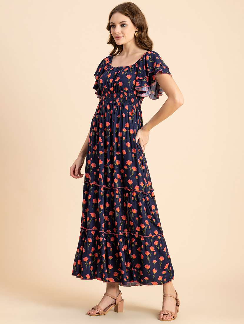 navy blue floral tiered dress