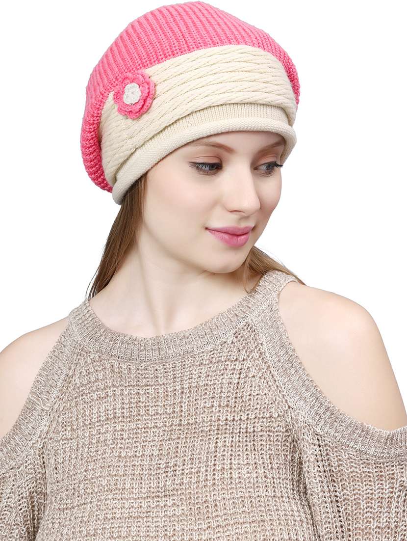 Buy online Pink Self Design Winter Cap from Mufflers Gloves