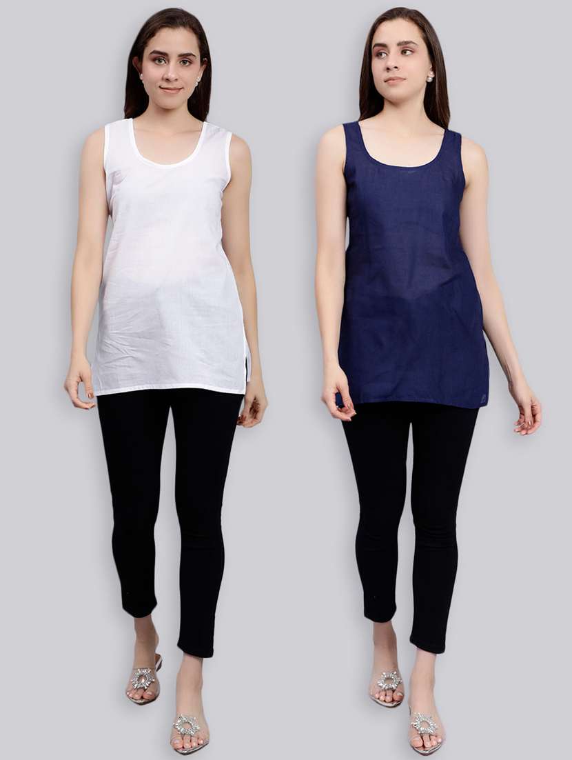 women set of 2 white & navy blue camisole