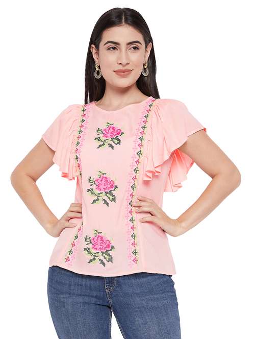 peach embroidered regular tunic - 20485689 -  Standard Image - 0