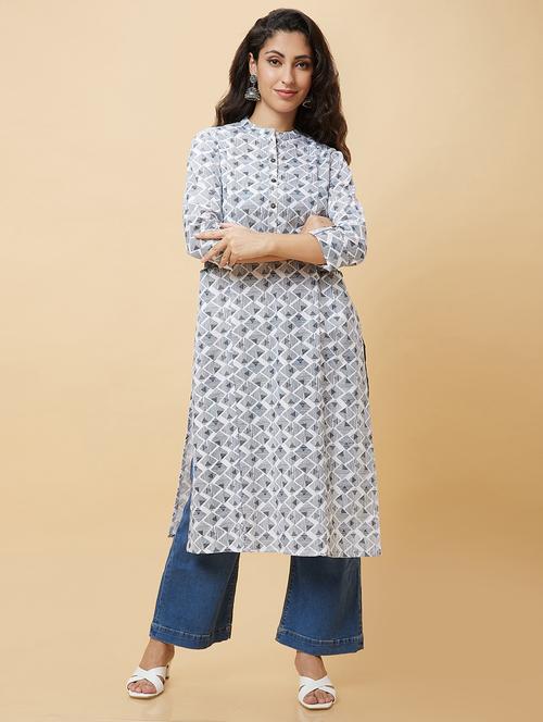 white geometric printed straight kurta - 20485846 -  Standard Image - 0
