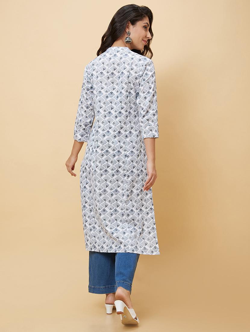 white geometric printed straight kurta - 20485846 - Standard Image - 3