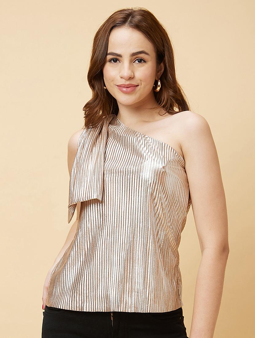 globus women beige opaque one shoulder accordion pleats party top - 20485882 -  Zoom Image - 0