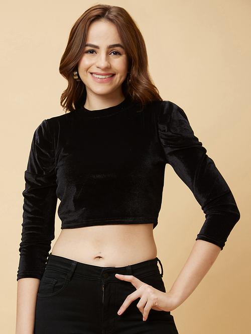 globus women black mock neck fitted velvet party crop top - 20485884 -  Standard Image - 0