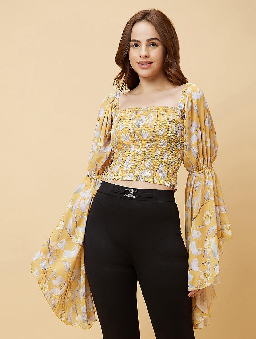 yellow floral printed regular top