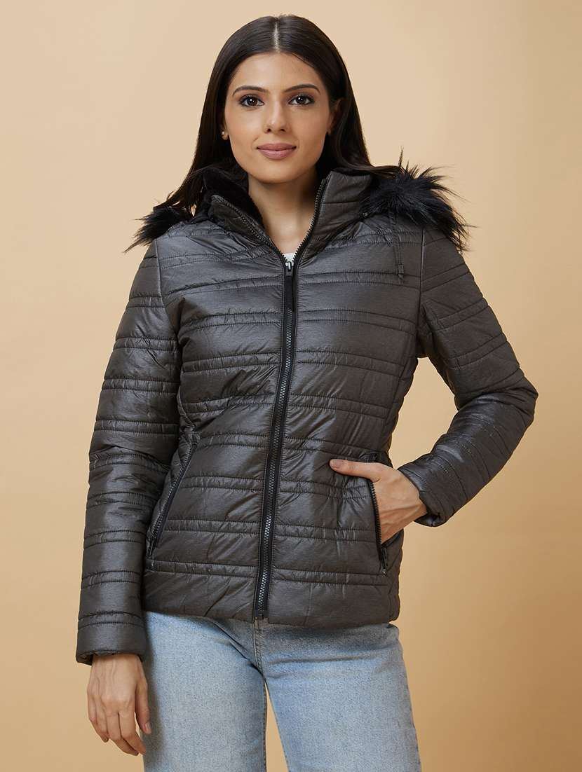 women's solid quilted jacket with fur hoodie - 20485931 - Zoom Image - 0
