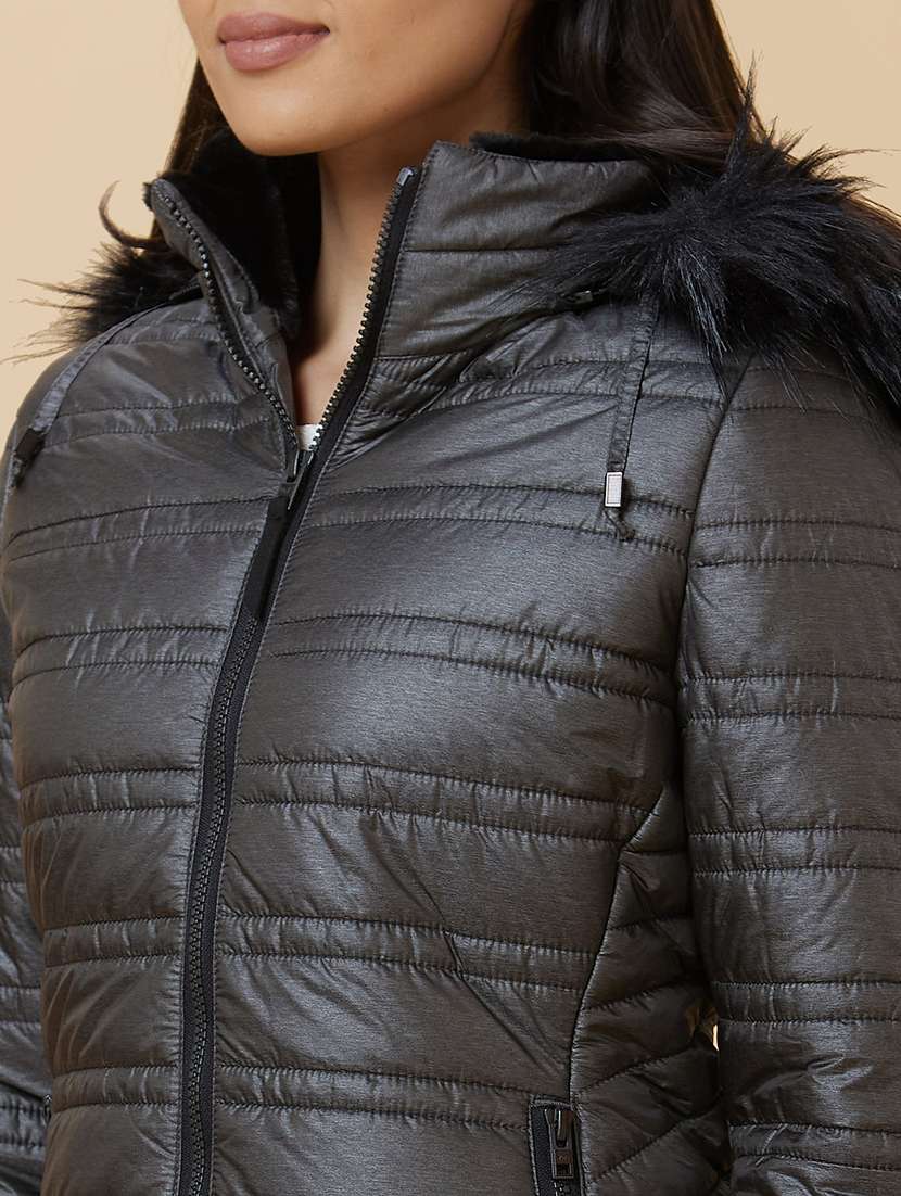 women's solid quilted jacket with fur hoodie - 20485931 - Standard Image - 5