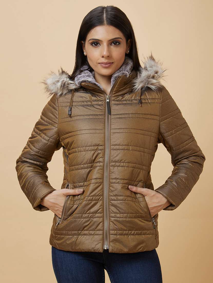 women's solid quilted jacket with fur hoodie - 20485932 - Zoom Image - 0