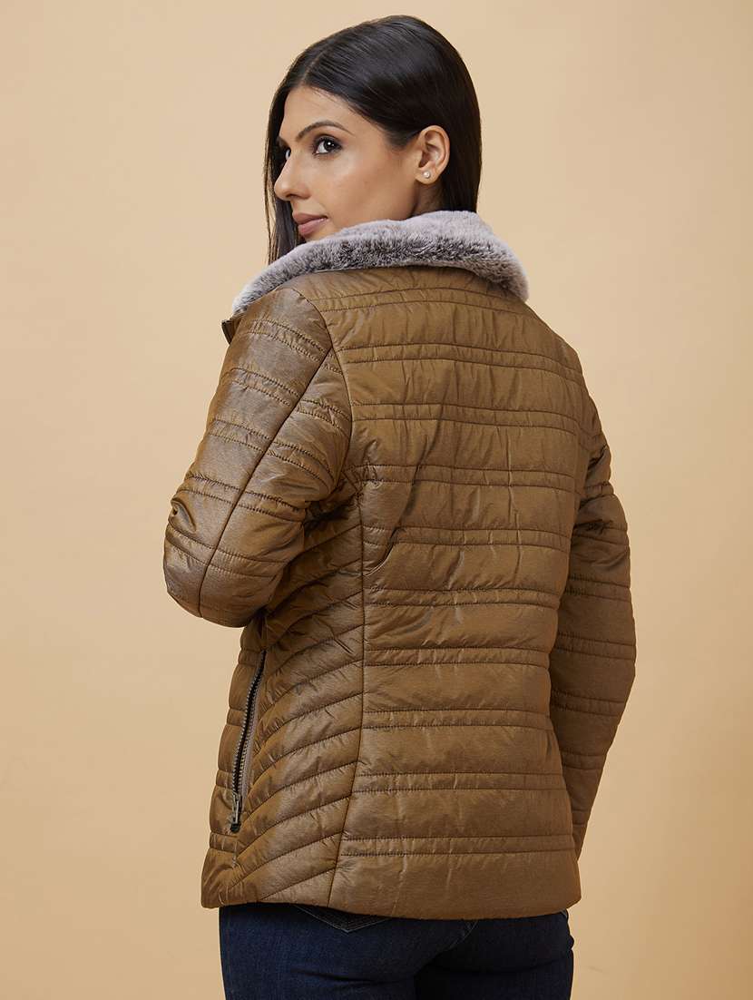 women's solid quilted jacket with fur hoodie - 20485932 - Standard Image - 3