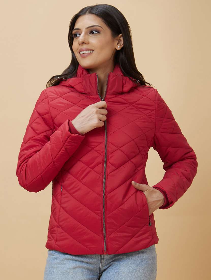 women's solid quilted jacket with hoodie - 20485937 - Zoom Image - 0