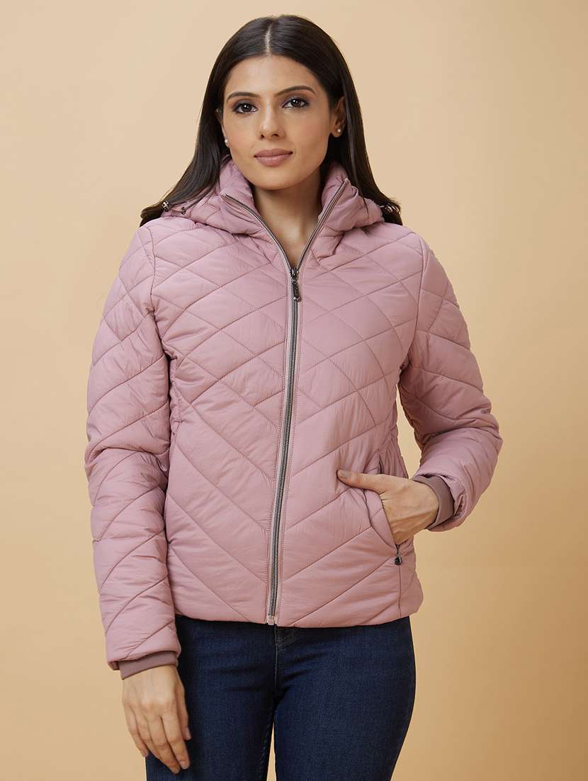 women's solid quilted jacket with hoodie - 20485938 -  Zoom Image - 0