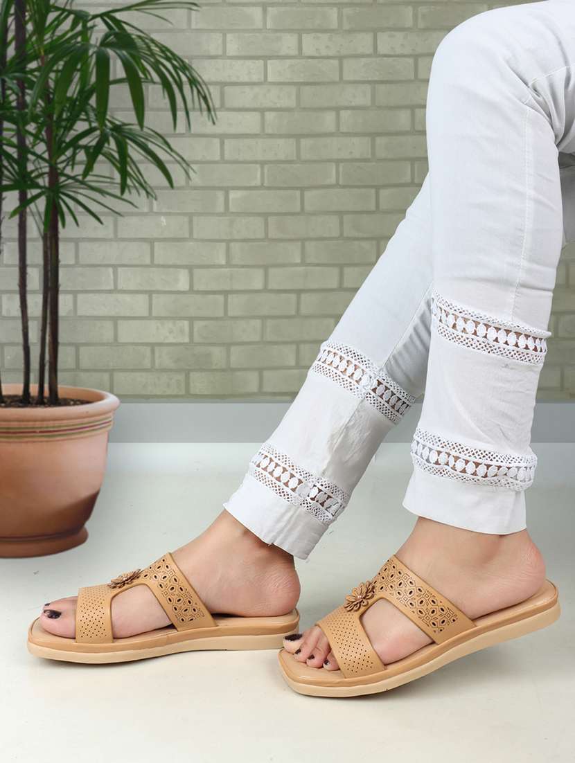 women cut work tan embellished slip on flat sandal - 20486027 - Standard Image - 3