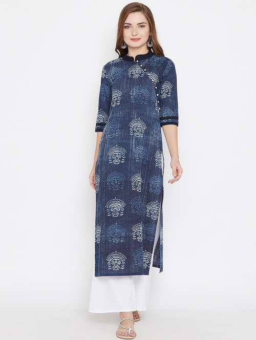 women blue mandarin neck kurta palazzo set - 20486130 -  Standard Image - 0