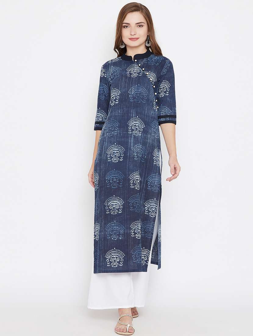 women blue mandarin neck kurta palazzo set