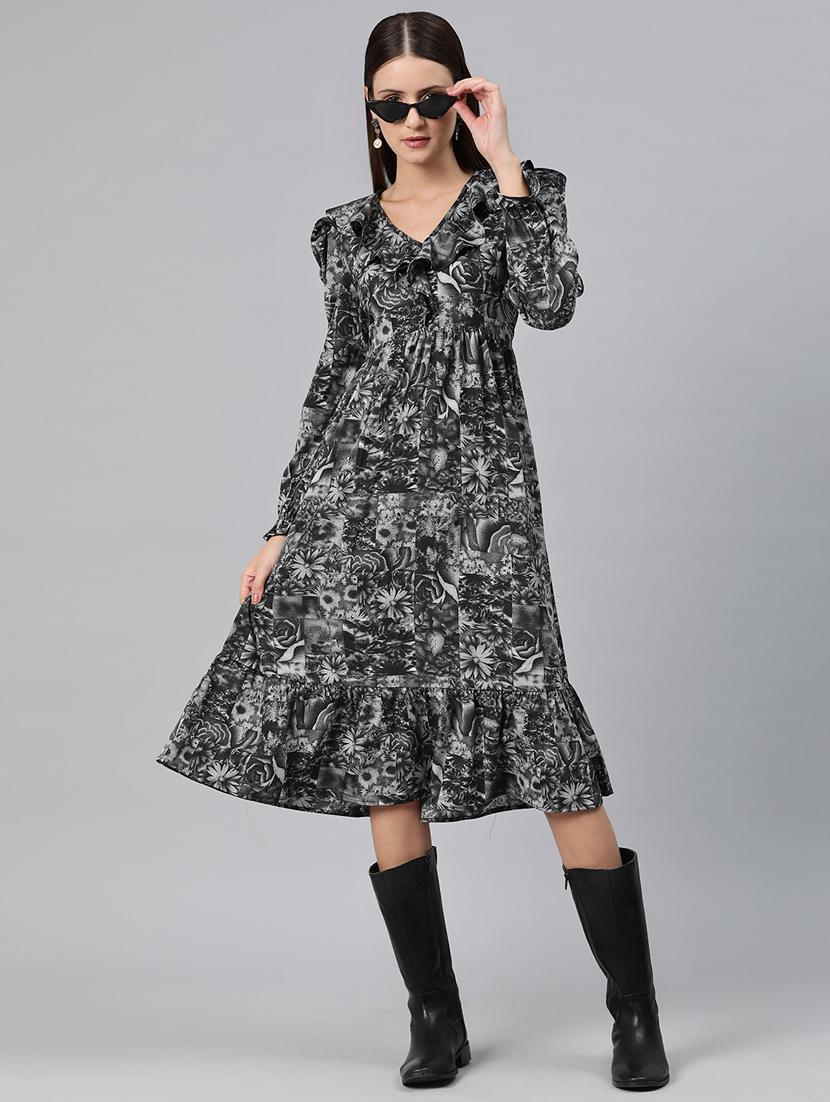 grey floral printed fit & flare dress - 20486541 - Standard Image - 3