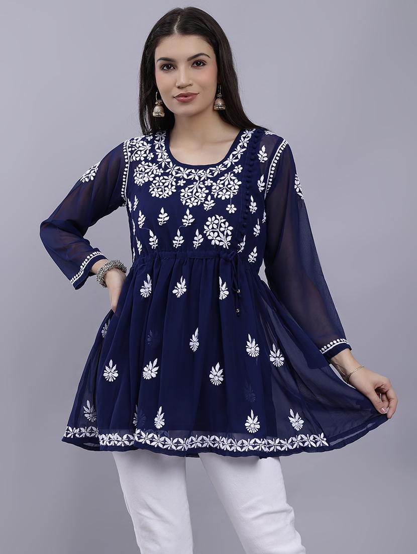 navy blue chikankari embroidered short kurti - 20486708 -  Zoom Image - 0