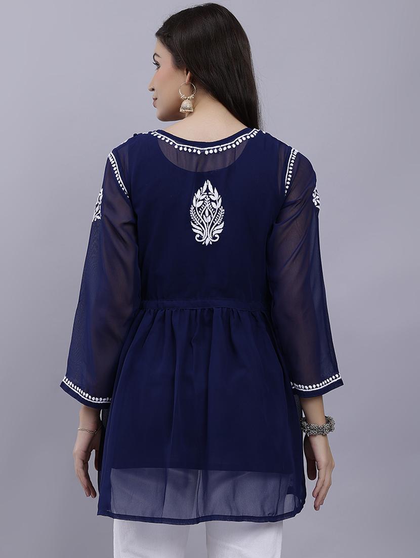 navy blue chikankari embroidered short kurti - 20486708 - Standard Image - 3