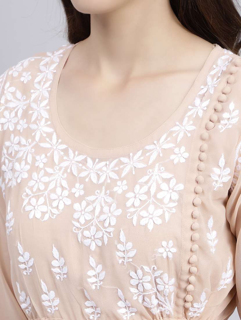 beige chikankari embroidered short kurti - 20486714 -  Standard Image - 5