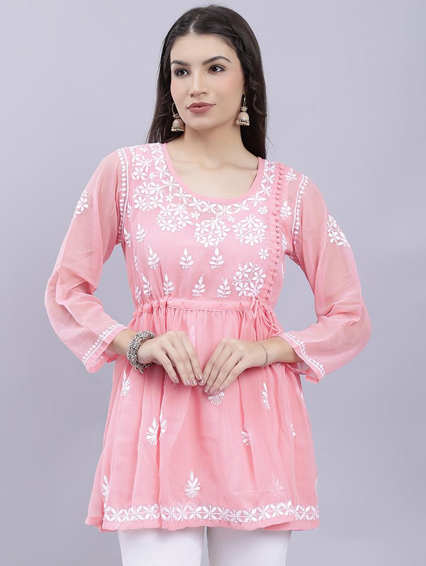 rosewater chikankari embroidered short kurti - 20486718 - Zoom Image - 0