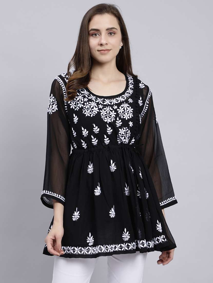 black chikankari embroidered short kurti - 20486719 -  Zoom Image - 0