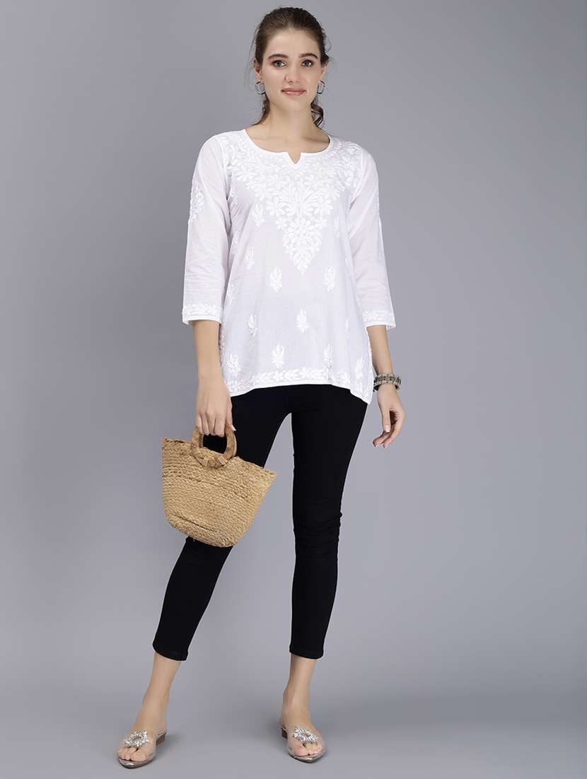 white chikankari embroidered short kurti - 20486726 -  Standard Image - 5