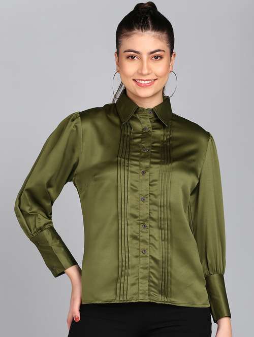 olive solid puff sleeves regular shirt - 20487201 -  Standard Image - 0
