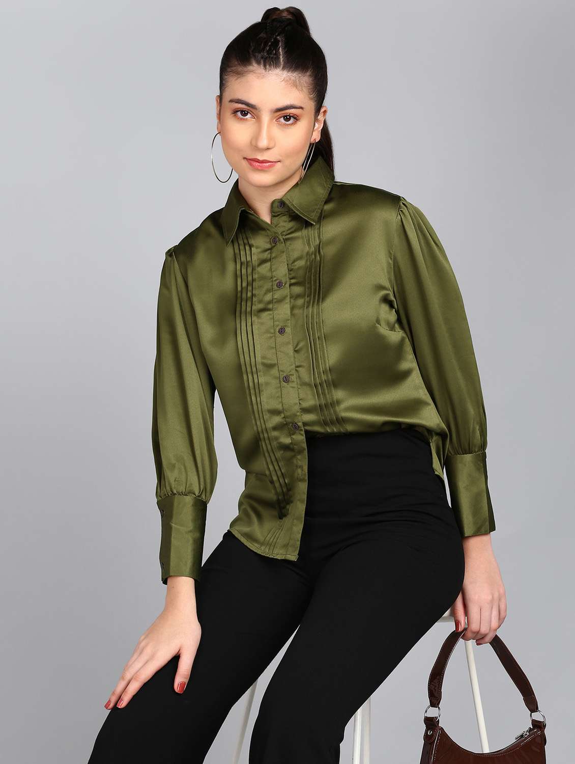 olive solid puff sleeves regular shirt - 20487201 - Standard Image - 3