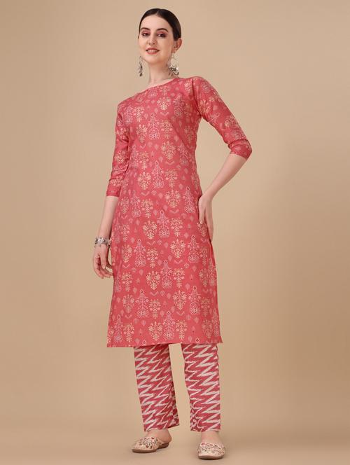 coral three quarter sleeve kurta pant set - 20487773 -  Standard Image - 0