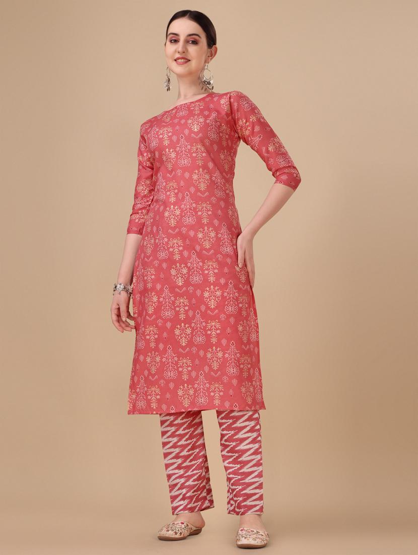 coral three quarter sleeve kurta pant set - 20487773 -  Zoom Image - 0
