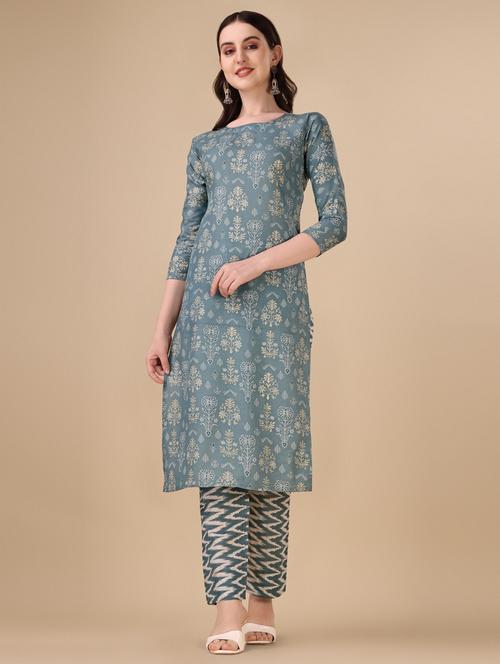 grey three quarter sleeve kurta pant set - 20487775 -  Standard Image - 0