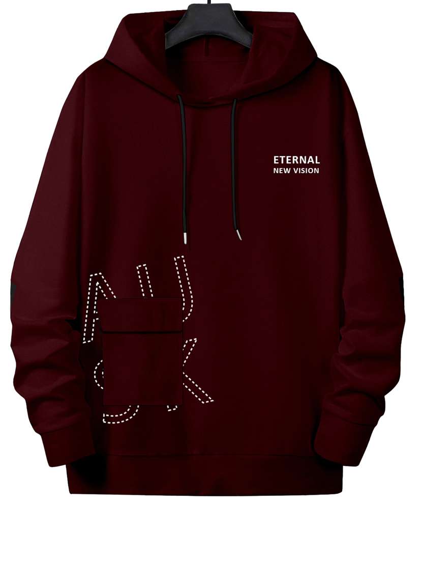 men typography print maroon cotton blend hooded sweatshirt