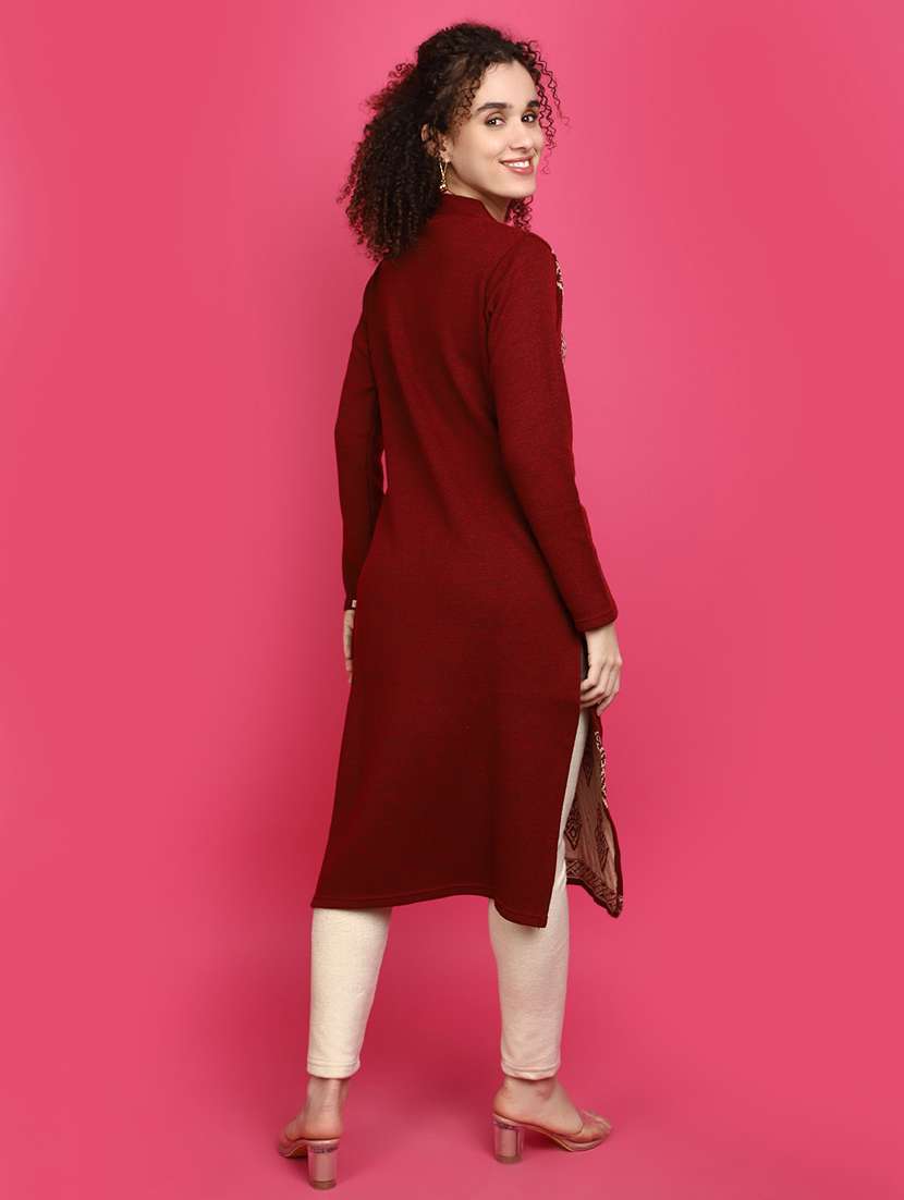 women maroon self design woolen kurta - 20491480 -  Standard Image - 3