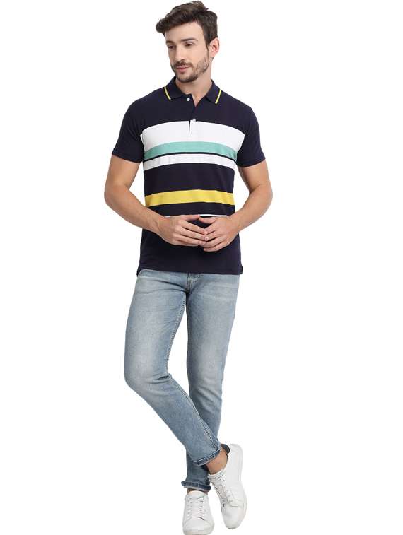 navy blue color block polo t-shirt - 20492765 -  Standard Image - 3