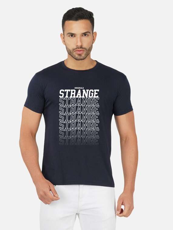 navy blue typography front print t-shirt