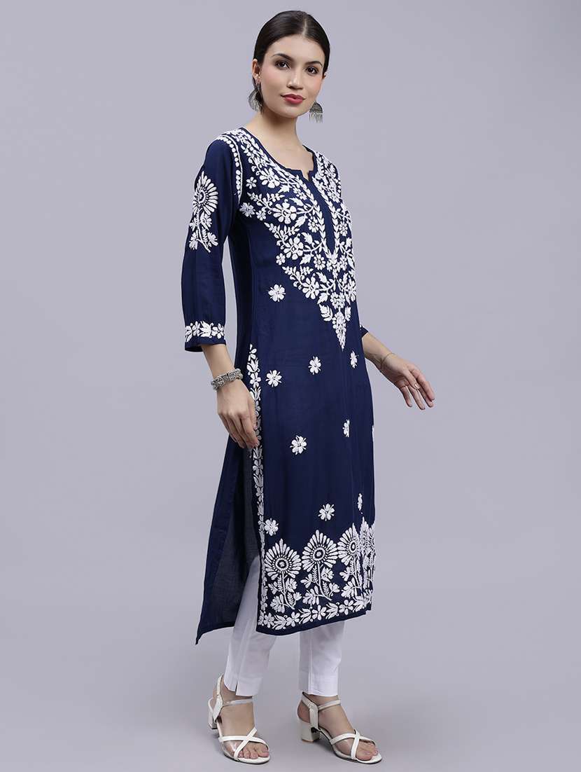 navy blue three quarter sleeve chikankari kurta - 20494980 -  Standard Image - 3
