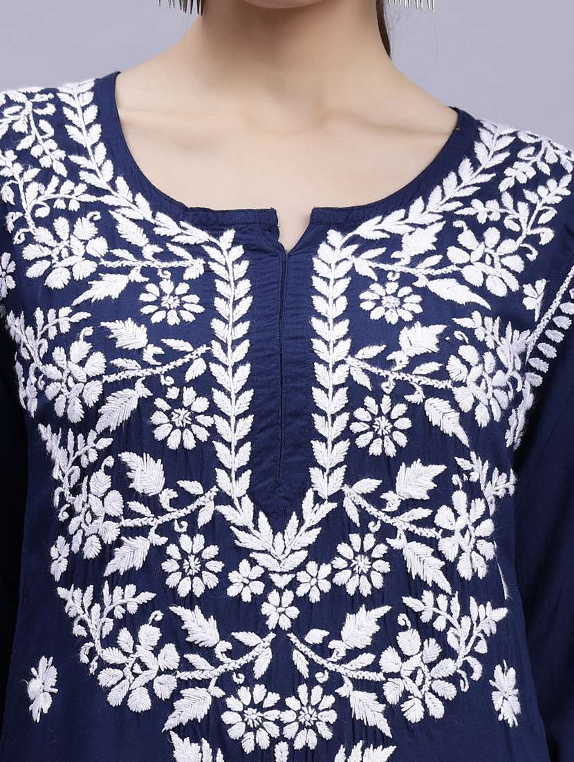 navy blue three quarter sleeve chikankari kurta - 20494980 -  Standard Image - 5