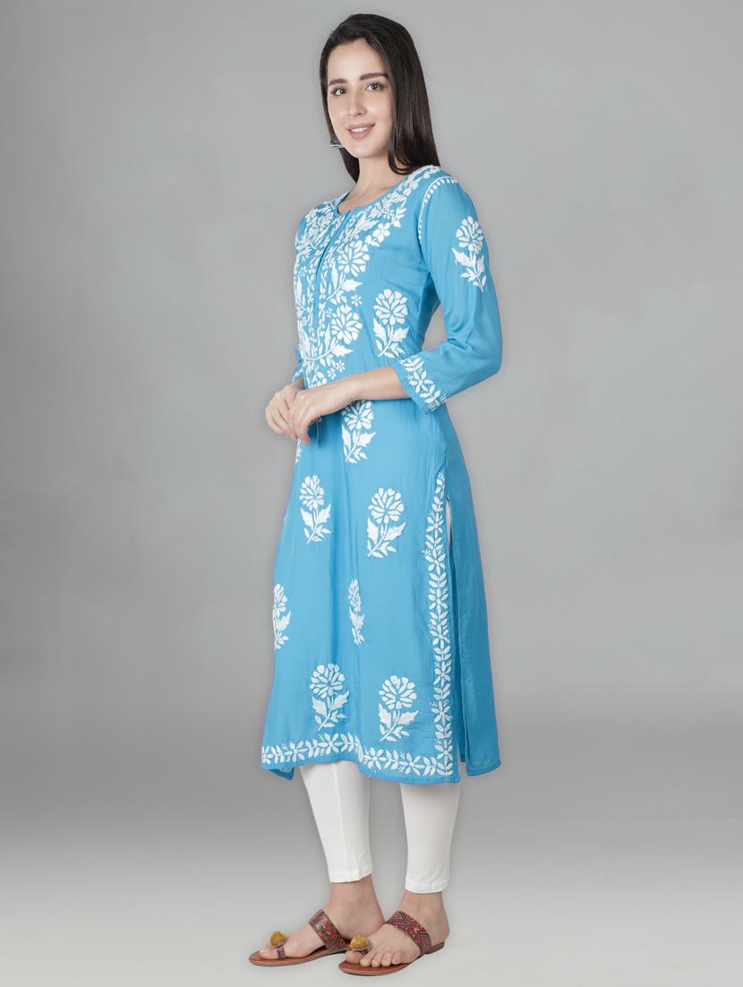 blue three quarter sleeve chikankari kurta - 20494981 - Standard Image - 3