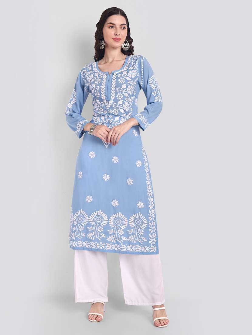 light blue long sleeve chikankari kurta