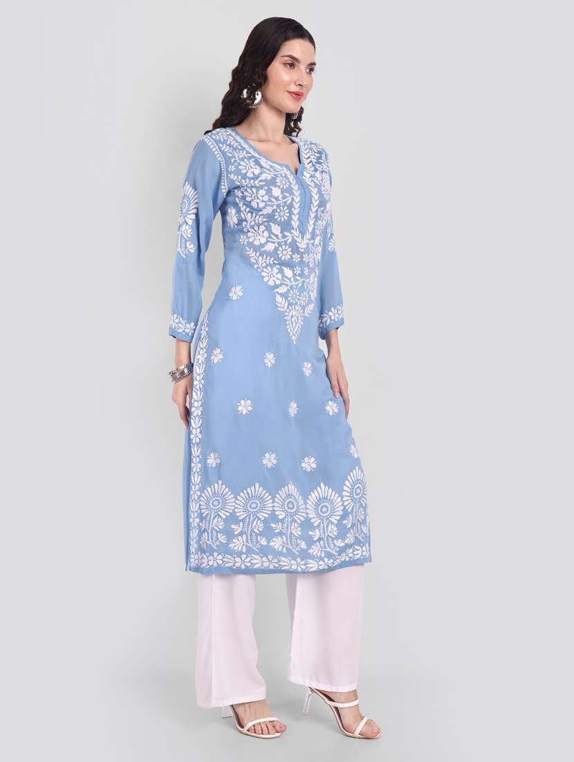 light blue long sleeve chikankari kurta - 20494984 - Standard Image - 3