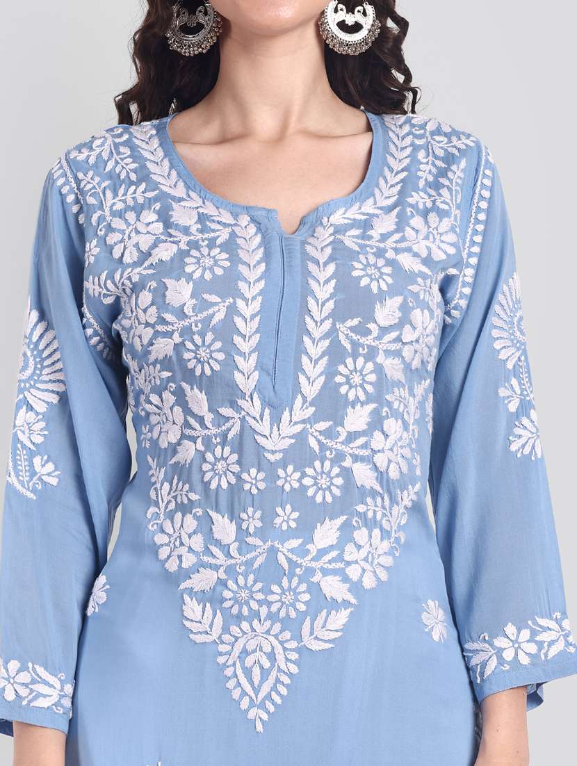 light blue long sleeve chikankari kurta - 20494984 - Standard Image - 5